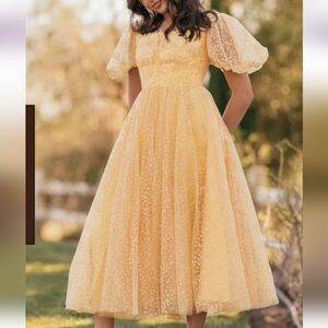 JessaKae Yellow Puff Sleeve Midi Dress